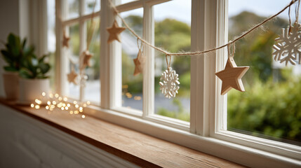 A window with a star and snowflake decoration hanging from it