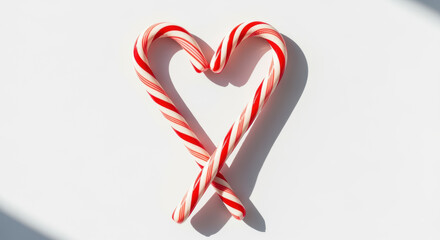 Candy cane heart shape on white background symbolizing festive christmas romance, sweet holiday love and minimalist seasonal celebration