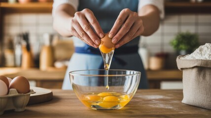 Baker cracking an egg into a glass bowl for baking ingredients