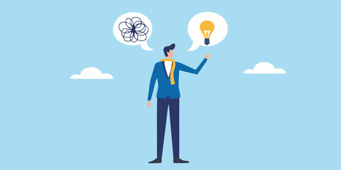 A man contemplates transitioning from confused thoughts to a bright idea