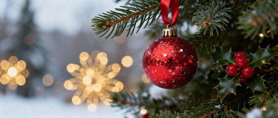 Sparkling red christmas bauble hanging on evergreen tree branch with holly leaves and festive golden lights in soft winter background