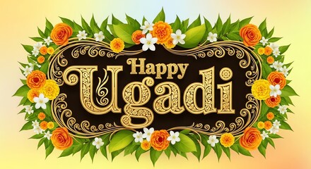Happy Ugadi greeting with floral decoration