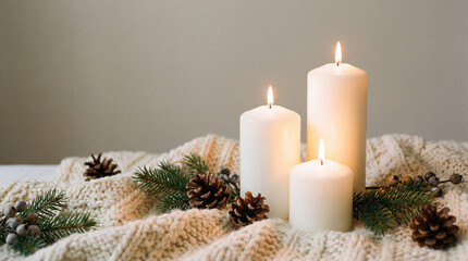 Obraz premium Cozy winter arrangement with three white candles on knitted blanket decorated with pinecones and evergreen branches indoors