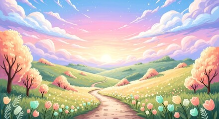 Naklejka premium Idyllic Pastel Landscape with Rolling Hills and Blooming Flowers.