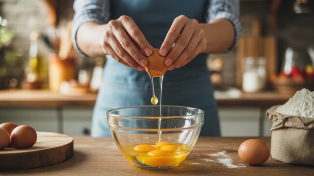 Baker cracking eggs into a glass bowl to prepare dough for baking - Powered by Adobe