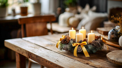 A table with a advent wreath of candles and pine cones on it