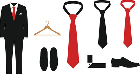 Formal men's fashion, black suit, red tie, dress shoes, white shirt, pocket square, elegant outfit, business attire, style essentials, wardrobe