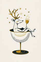 a festive christmas deer relaxing in a champagne glass