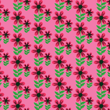 A seamelss hand-drawn floral pattern featuring charming red and pink flowers with green leaves on a soft pastel background.Perfect for textile prints,crafts,wallpapers,home decor,packaging,and web.