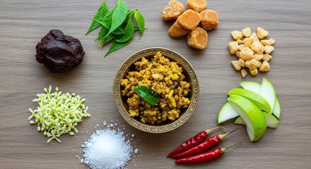 Indian cuisine ingredients and dish on wooden surface