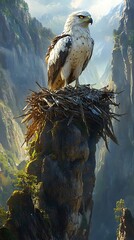 Majestic eagle guarding its nest perched atop a rugged mountain peak vista