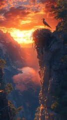 Cliffside Sanctuary: A Serene Sunset Landscape with Bird and Nest Perched High