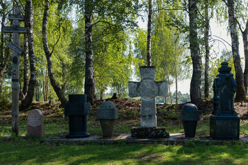KALYAZIN, TVER Region, Russia - July 07, 2025: Necropolis and grave crosses on the territory of the Trinity Makariev Monastery