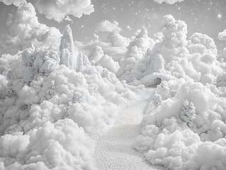 Ethereal pathway through a whimsical cloudscape with monolithic structures