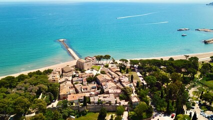 aerial view of the medieval village of Sant Marti d&rsquo;Empuries at a summer day, L'Escala Girona, Catalonia, Spain