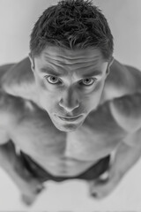 Man with muscular build looks upwards with intense expression in a studio, natural lighting highlights his features and enhances the dramatic effect