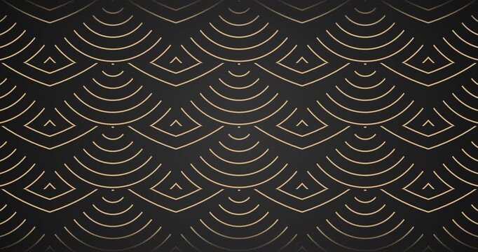 Elegant Art Deco Golden Ornament Loop in 4K &mdash; Luxury Black and Gold Geometric Pattern Animation, Seamless Gatsby Style Vintage Party Background, Glamorous Retro Decorative Motion