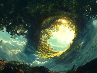 Enchanted Realm: A Luminous Portal Through Ancient Trees into a Bright Sky