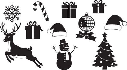 Naklejka premium Christmas Icons Silhouette Collection Including Reindeer Snowman Gifts and Ornaments Keywords: christmas, holiday, winter, celebration, season, festive, xmas, december, new year, gift, present