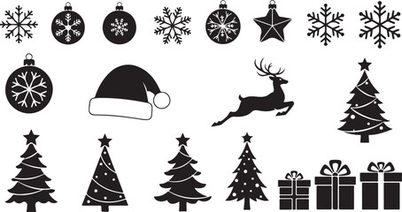 Christmas Icons Silhouette Collection Festive Holiday Elements with Gifts and Trees snowflake