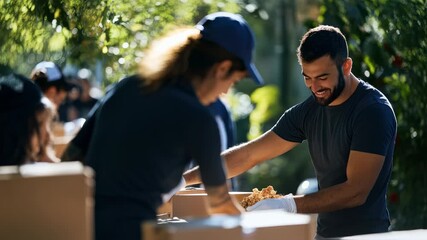 Volunteers packing food donations outdoors, showcasing community support and aid efforts