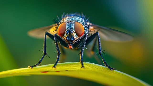 Close-up Macro of a Fly Resting on a Leaf, Detailed Insect Portrait, Focus on Nature and Tiny