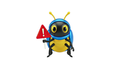 Bug Mascot Holding Warning Sign on White Background
