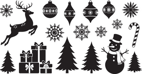 Diverse black silhouette icons for Christmas and winter holidays including a leaping reindeer, snowflakes, ornaments, gifts, trees, snowman, and candy cane Keywords: Christmas, holiday, silhouette