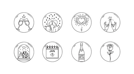 Collection of eight oval shaped hand drawn botanical and floral silhouette illustrations silhouette