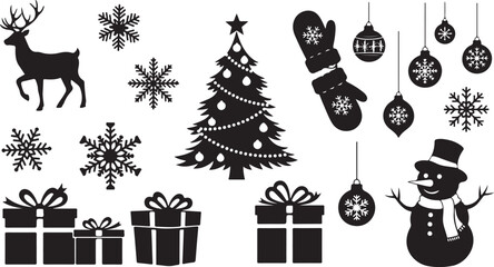 Festive Christmas Silhouettes with Reindeer Snowflakes Decorated Tree Gifts Mittens and Snowman Keywords: christmas, holiday, winter, season, celebration, december, xmas, festive, greeting, card