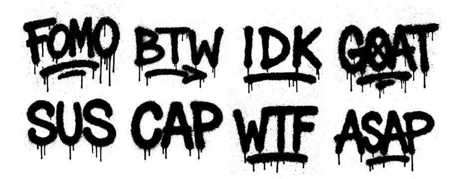 Set of trendy internet slang words in black dripping spray paint text
