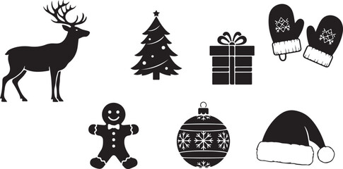 Simple Christmas Icons in Silhouette Including Reindeer Gingerbread Man and Santa Hat holiday
