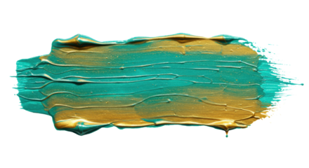 Abstract horizontal stroke with vibrant shimmering teal and metallic gold paint, fluidly blended with distinct texture, on transparent background with copy space, concept of luxurious artistic
