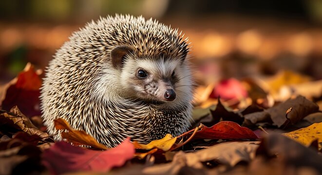 Adorable Hedgehog Foraging Among Colorful Autumn Leaves in a Sunny Forest.