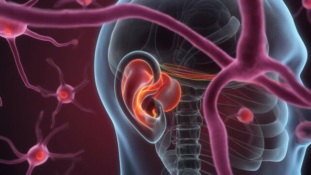 Animated 3D visualization of the human vestibular system and neurons, with a camera push-in