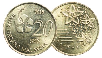 Malaysia twenty sen coin on a white isolated background