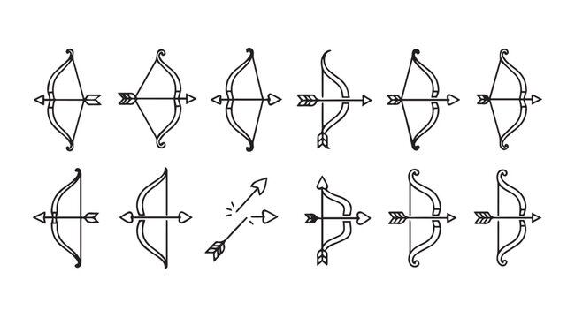 Collection of bow and arrow icons in a simple outline silhouette style