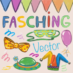 Fasching Elements. Bow, mask, balloon and hats. Doodle, hand draw with texture. Vector, isolated.