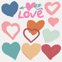 Different harts and word &laquo;love&raquo;. Hand draw, brush texture. Vector, isolated. 