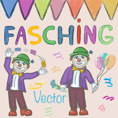 Fasching doodle. Hand draw with texture. Clown with cards and flowers. Vector.