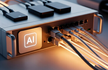 AI server with multiple network cables plugged in, illustrating artificial intelligence data processing and connectivity in a modern data center.