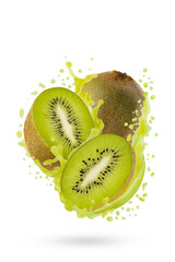 Juicy kiwi slices with vibrant green flesh, splashes of kiwi juice fly as swirl art composition, closeup, isolated. Ideal for creating healthy desserts menu, branding of summer juices, organic food.