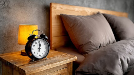 Cozy bedroom scene featuring a wooden nightstand with a vintage alarm clock and a warm lamp beside plush pillows, creating a serene atmosphere for restful sleep and relaxation