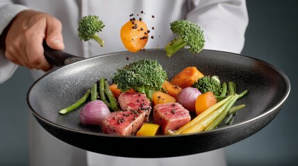 Chef expertly tossing vibrant vegetables and seared meat in a frying pan, showcasing culinary skills and fresh ingredients, with a focus on the art of cooking and presentation