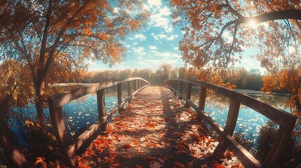 Autumnal equinox bridge with fallen leaves basking in sunlight reflections