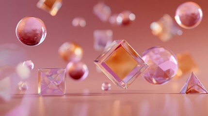 Transparent glass geometric shapes cubes spheres pyramids float in soft pink light, creating dreamy and modern abstract background with sense of calm and elegance