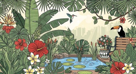 Naklejka premium Lush Tropical Garden Oasis with Toucan and Hummingbird.