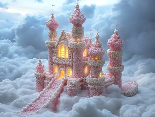 Whimsical candy castle amidst fluffy clouds, a fairytale dreamscape vision