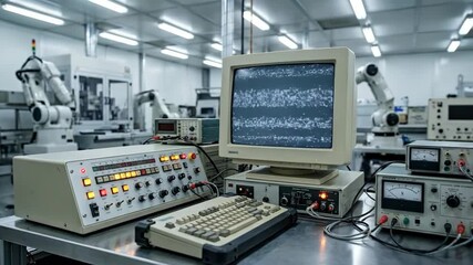 Automated laboratory monitor displaying sequence from equipment view to microscopic analysis and data equations. Robotic arms in industrial control room. AI-driven scientific research and big data - Powered by Adobe