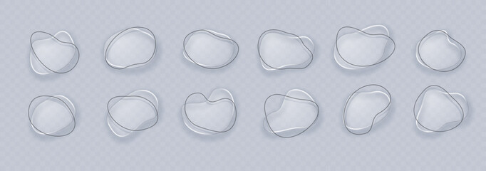 Set of design elements or frames of various shapes in the form of a drop in a liquid glass style. Graphic element of an irregular, random, round pebble shape. Vector 3D illustration.
